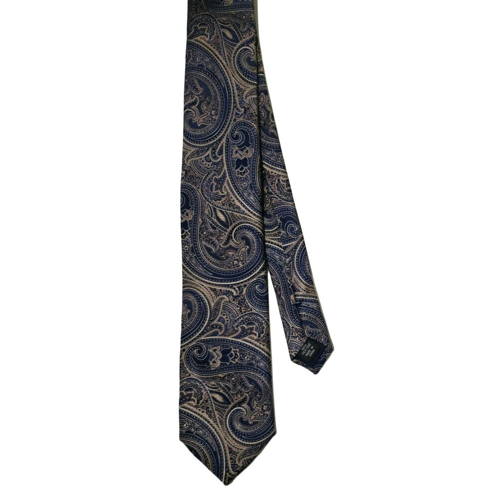 Michael Kors Mens Silk Tie Navy Blue Beige Gold Paisley 3.25 Woven Jacquard EUC